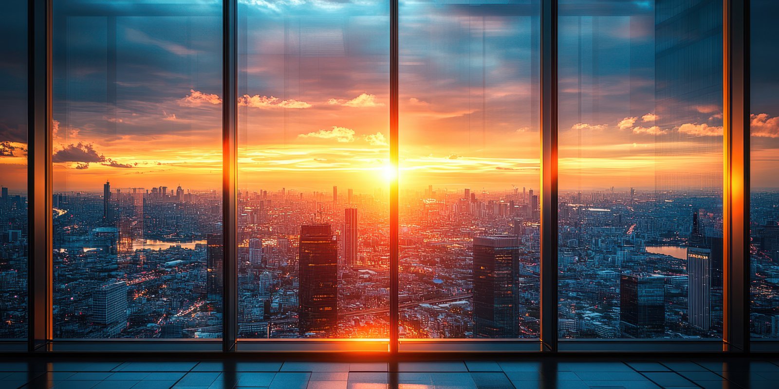 Beautiful sunset view from a high-rise building overlooking a vibrant city skyline during late evening hours